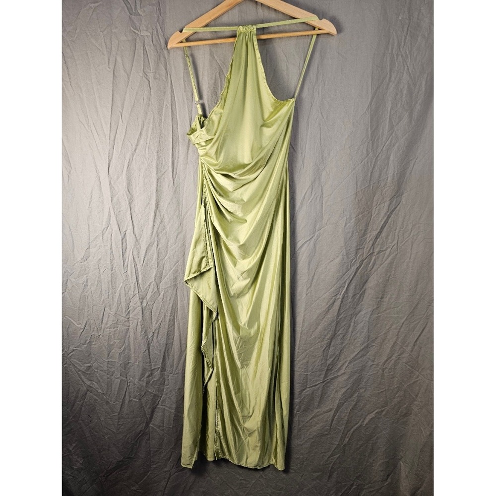 Sage Green Satin Halter Maxi Dress Ruched Draped Wrap Skirt Formal Evening Small